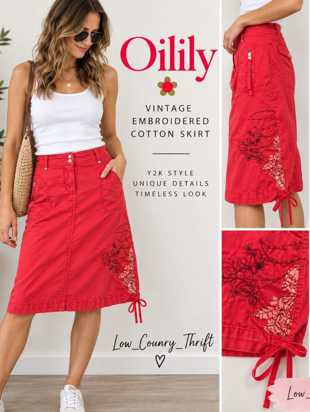 Oilily Red Embroidered Cargo Skirt Women's 38 Y2K Tie Hem Cotton